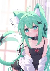 Rule 34 | 1girl, :&lt;, ahoge, animal ear fluff, animal ears, black collar, black ribbon, blush, breasts, cat ears, cat girl, cat tail, cleavage, collar, commentary request, green eyes, green hair, hair between eyes, hair ornament, hair ribbon, highres, long hair, mikaze oto, original, revision, ribbon, small breasts, solo, tail, tail wagging, x hair ornament
