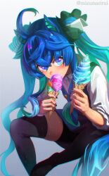 Rule 34 | absurdres, ahoge, animal ears, aqua hair, black dress, black nails, black ribbon, black thighhighs, blue eyes, blue hair, collared shirt, crossed bangs, dress, food, hair ribbon, heterochromia, highres, holding, holding food, horse ears, horse girl, horse tail, ice cream cone, invisible chair, leaning forward, light particles, long hair, multicolored hair, pinafore dress, purple eyes, ribbon, shirt, shuijulei, sidelocks, sitting, sleeveless, sleeveless dress, sleeves rolled up, sparkle, tail, thighhighs, twin turbo (umamusume), twintails, twitter username, two-tone hair, umamusume, very long hair, white shirt