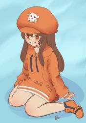 Rule 34 | 1girl, blush, boots, breasts, brown eyes, brown hair, fingerless gloves, full body, gloves, guilty gear, guilty gear strive, happy, hat, highres, long hair, may (guilty gear), nyoomdoesstuff, orange hat, orange shirt, pirate, pirate hat, shirt, sitting, skull and crossbones, small breasts, smile, solo