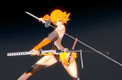 Rule 34 | 1girl, 3d, action taimanin, artist request, black leotard, blonde hair, blue eyes, breasts, fighting stance, fishnets, holding, holding sword, holding weapon, igawa sakura, katana, large breasts, leotard, looking to the side, shiny skin, short hair, sword, taimanin (series), taimanin asagi, taimanin rpgx, taimanin suit, weapon, wide hips