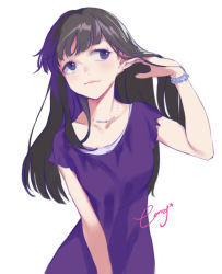 Rule 34 | 10s, 1girl, artist name, black hair, blue eyes, bracelet, closed mouth, comet (teamon), dress, eyebrows, eyelashes, tucking hair, ichiko (osomatsu-san), jewelry, light smile, long hair, looking away, looking to the side, necklace, osomatsu-san, pink lips, purple dress, signature, simple background, smile, solo, upper body, white background