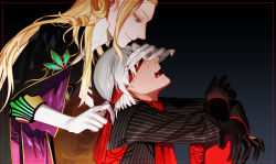 Rule 34 | 2boys, antonio salieri (fate), antonio salieri (second ascension) (fate), black gloves, blonde hair, claws, covering own eyes, drooling, fate/grand order, fate (series), formal, gloves, green eyes, grey hair, long hair, male focus, multiple boys, pinstripe pattern, pinstripe suit, sindri, striped, suit, white gloves, wolfgang amadeus mozart (fate)