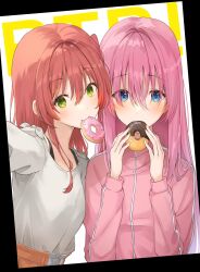 Rule 34 | 2girls, blue eyes, blurry, blush, bocchi the rock!, breasts, commentary, commentary request, dot nose, doughnut, eating, eyelashes, food, food in mouth, gotoh hitori, green eyes, hair between eyes, hands up, head tilt, heads together, highres, holding, holding food, jacket, kanaria hisagi, kita ikuyo, long hair, looking at viewer, multiple girls, orange skirt, pink hair, pink jacket, red hair, selfie, shirt, sidelocks, skirt, sky, small breasts, standing, very long hair, viewfinder, white shirt