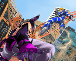 Rule 34 | 1boy, 1girl, back, baggy pants, bare shoulders, battle, black hair, blonde hair, bracelet, breasts, building, capcom, cody travers, crane (machine), cuffs, detached sleeves, drill hair, elbow gloves, epic, final fight, flying kick, gloves, han juri, hand wraps, handcuffs, jewelry, kicking, medium breasts, pants, prison clothes, seed01010, shoes, short hair, sideboob, skyscraper, sneakers, spiked bracelet, spikes, street fighter, street fighter iv (series), twin drills, twintails, wrist wrap