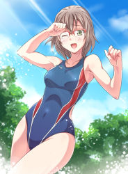 Rule 34 | 10s, 1girl, ;d, brown hair, cloud, competition swimsuit, covered navel, day, e20, ebina hina, glasses, green eyes, one-piece swimsuit, one eye closed, open mouth, original, short hair, sky, smile, solo, swimsuit, tree, wink, yahari ore no seishun lovecome wa machigatteiru.