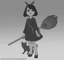 Rule 34 | 1girl, absurdres, bag, bow, broom, cat, dress, full body, gradient background, grey background, greyscale, hair bow, hairband, highres, holding, holding broom, jiji (majo no takkyuubin), joaowbenfica, kiki (majo no takkyuubin), long sleeves, majo no takkyuubin, monochrome, shoes, short hair, shoulder bag, smile, standing