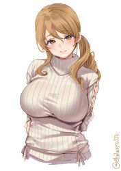 Rule 34 | 1girl, arms behind back, blush, breasts, brown eyes, closed mouth, ebifurya, highres, kantai collection, large breasts, light brown hair, littorio (kancolle), long hair, long sleeves, one-hour drawing challenge, ponytail, ribbed sweater, simple background, smile, solo, sweater, turtleneck, turtleneck sweater, twitter username, upper body, white background, white sweater