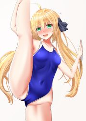 Rule 34 | 1girl, absurdres, ahoge, alternate costume, artoria pendragon (fate), artoria caster (fate), black ribbon, blonde hair, blue one-piece swimsuit, blush, breasts, collarbone, competition swimsuit, cowboy shot, fate/grand order, fate (series), green eyes, hair ribbon, hibika, highres, leg lift, leg up, long hair, nose blush, one-piece swimsuit, ribbon, small breasts, solo, split, standing, standing on one leg, standing split, swimsuit, twintails