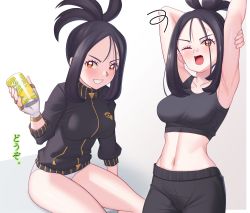 Rule 34 | 1girl, armpits, black hair, black jacket, black pants, black shirt, blush, breasts, brown eyes, can, commentary request, creatures (company), cross scar, dendra (pokemon), eyelashes, fingerless gloves, game freak, gazing eye, gloves, grey background, grin, highres, holding, jacket, looking at viewer, nintendo, no pants, one eye closed, open mouth, panties, pants, pokemon, pokemon sv, ponytail, scar, scar on face, scar on forehead, shirt, sidelocks, sleeveless, sleeveless shirt, smile, solo, squiggle, stretching, tongue, translated, underwear, white panties