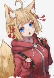 Rule 34 | 1girl, :o, ahoge, animal ear fluff, animal ears, bell, blue eyes, breasts, commentary request, cropped torso, fang, fox ears, fox girl, fox tail, grey background, hair bell, hair ornament, hands up, highres, holding strap, hood, hood down, hooded jacket, jacket, jingle bell, light brown hair, long sleeves, looking at viewer, medium breasts, nail polish, nyucha, open mouth, original, puffy long sleeves, puffy sleeves, red jacket, red nails, short eyebrows, simple background, sleeves past wrists, solo, tail, tail raised, thick eyebrows