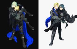 Rule 34 | 2boys, armor, armored boots, before and after, black background, black gloves, black hair, blonde hair, blue cloak, blue eyes, blue hair, boots, byleth (fire emblem), byleth (male) (fire emblem), cape, carrying, carrying person, cloak, closed eyes, commentary request, dimitri alexandre blaiddyd, eyepatch, fire emblem, fire emblem: three houses, full body, fur-trimmed cloak, fur trim, gauntlets, gloves, green hair, hand on another&#039;s face, male focus, multiple boys, nintendo, oba-min, open mouth, princess carry, short hair, shoulder armor, smile, standing, surprised, sweatdrop, white background, yaoi