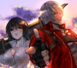 Rule 34 | 1boy, 1girl, black hair, blue eyes, breasts, cleavage, closed mouth, dante (devil may cry), devil may cry (series), devil may cry 3, fingerless gloves, gloves, heterochromia, jacket, kalina ann (weapon), lady (devil may cry), large breasts, looking at viewer, nagare, red eyes, scar, short hair, smile, weapon, white hair