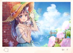 Rule 34 | 1girl, :d, animal ears, blue eyes, brick wall, can, cat ears, cat girl, cat hat ornament, collared shirt, day, drink, fang, fence, fish hair ornament, flower, hacosumi, hair ornament, hand on headwear, hand up, hat, hat ribbon, highres, holding, holding can, holding drink, long hair, looking at viewer, ocean, open mouth, original, outdoors, polaroid, ribbon, shirt, short sleeves, sky, smile, solo, straw hat, sun hat