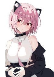 Rule 34 | 1girl, animal ears, bare shoulders, between breasts, black choker, black jacket, breasts, choker, collared shirt, fake animal ears, highres, jacket, long sleeves, looking at viewer, medium breasts, necktie, necktie between breasts, off shoulder, open clothes, open jacket, original, own hands together, parted lips, pink hair, red eyes, shirt, short hair, simple background, sleeveless, sleeveless shirt, solo, steepled fingers, upper body, white background, white shirt, yon (letter)