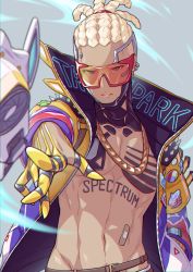 Rule 34 | 1boy, absurdres, animification, bandaid, bare pectorals, belt, black eyes, blonde hair, chromatic aberration, clover, crypto (apex legends), dark-skinned male, dark skin, earrings, english text, four-leaf clover, glasses, hand in pocket, highres, hype beast crypto, jacket, jewelry, male focus, navel, necklace, official alternate costume, original, parted lips, pectorals, robot, solo, spikes, tattoo, tewo (tewowet)