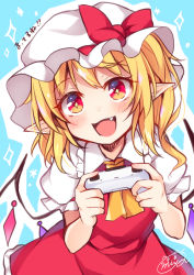 Rule 34 | 1girl, :d, absurdres, ascot, bad id, bad pixiv id, blonde hair, blue background, bow, commentary request, controller, cowboy shot, crystal, fang, flandre scarlet, frilled shirt collar, frills, hat, hat bow, highres, holding, long hair, looking at viewer, miy@, mob cap, one side up, open mouth, pointy ears, puffy short sleeves, puffy sleeves, red bow, red eyes, red skirt, red vest, shirt, short sleeves, simple background, skirt, skirt set, smile, solo, touhou, translation request, vest, white hat, white shirt, wings, yellow ascot
