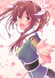 Rule 34 | 1girl, :d, absurdres, blush, breasts, brown eyes, brown hair, cherry blossoms, collared shirt, dress, elbow gloves, fang, floating hair, gloves, green jacket, hair between eyes, hair ribbon, hand up, highres, jacket, kantai collection, long hair, looking at viewer, medium breasts, open mouth, pelvic curtain, petals, ribbon, shirt, short dress, sidelocks, single elbow glove, smile, solo, tone (kancolle), tone kai ni (kancolle), twintails, upper body, white ribbon, white shirt, wind, yami (m31)