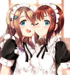 Rule 34 | 10s, 2girls, ;), ;d, alternate costume, alternate hair color, apron, ayase alisa, black dress, black ribbon, blue eyes, blurry, blurry background, blush, breasts, brown hair, cheek-to-cheek, collared dress, commentary request, depth of field, dress, enmaided, green eyes, hair ornament, hairclip, heads together, kosaka yukiho, long hair, love live!, love live! school idol project, mad (hazukiken), maid, medium breasts, multiple girls, neck ribbon, one eye closed, open mouth, puffy short sleeves, puffy sleeves, ribbon, short sleeves, smile, teeth, upper body, upper teeth only, very long hair, white apron, window