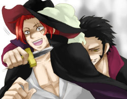 Rule 34 | 2boys, angry, black hair, cosplay, costume switch, dracule mihawk, facial hair, hat, hat feather, jacket, jacket on shoulders, knife, lining, lowres, male focus, multiple boys, one piece, popped collar, red hair, scar, shanks (one piece), shirt, surprised, threaten, white background, white shirt, yellow eyes
