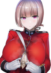 Rule 34 | &gt;:(, 1girl, after paizuri, blunt bangs, blush, breasts, closed mouth, cum, cum on body, cum on breasts, cum on upper body, fate/grand order, fate (series), florence nightingale (fate), frown, gloves, large breasts, long hair, long sleeves, looking at viewer, military, military uniform, muunyan (yumenekoya), pink eyes, pink hair, solo, uniform, upper body, v-shaped eyebrows, white gloves