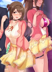 Rule 34 | 1boy, 1girl, ;d, absurdres, areola slip, black choker, blue sky, blush, breasts, brown hair, cardigan, choker, cloud, covered erect nipples, drooling, heart, heart choker, highres, idolmaster, idolmaster cinderella girls, large breasts, locked arms, long hair, netorare, one eye closed, open clothes, open mouth, open shirt, pink cardigan, red ribbon, ribbon, saliva, shimamura uzuki, shirt, skirt, sky, smile, standing, thighlet, twogie, white shirt, yellow skirt