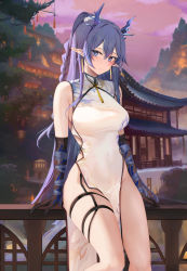 Rule 34 | 1girl, alternate costume, arknights, bare shoulders, black gloves, blue eyes, blue hair, blush, braid, breasts, china dress, chinese clothes, closed mouth, commentary request, dragon girl, dragon horns, dragon tail, dress, earrings, elbow gloves, gloves, hair ornament, highres, horns, jewelry, large breasts, ling (arknights), long hair, looking at viewer, outdoors, pointy ears, ru zhai, sleeveless, sleeveless dress, smile, solo, tail, thigh strap, thighs, white dress