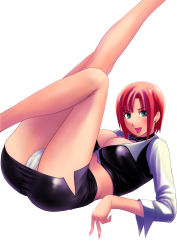 Rule 34 | 1girl, arisawa masaharu, ass, bare legs, blush, bow, bowtie, breasts, cameltoe, cleavage, earrings, female focus, green eyes, jewelry, large breasts, legs, legs up, long sleeves, looking at viewer, lying, midriff, nail polish, on back, open mouth, panties, red hair, rio rollins, short hair, simple background, skirt, solo, super blackjack, thighs, underwear, white background, white panties