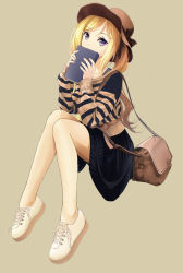 Rule 34 | 1girl, bag, blonde hair, covering own mouth, fingernails, hair ribbon, handbag, hat, highres, legs together, no socks, original, ponytail, purple eyes, ribbon, shoes, shoulder bag, sitting, sitting on stairs, skirt, sneakers, solo, stairs, striped clothes, striped sweater, sweater, ttk (kirinottk)