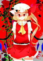 Rule 34 | 1girl, bad id, bad pixiv id, blonde hair, blouse, collared shirt, embodiment of scarlet devil, female focus, flandre scarlet, hat, mob cap, ponytail, red background, red eyes, shirt, short hair, side ponytail, solo, touhou, white hat, white shirt, wings, yutazou