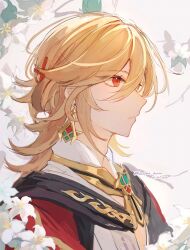 Rule 34 | 1boy, absurdres, artist name, blonde hair, closed mouth, dated, earrings, feather hair ornament, feathers, flower, from side, fuwafuwa matcha, gem, genshin impact, gold earrings, gold necklace, gold trim, green gemstone, hair ornament, highres, jewelry, kaveh (genshin impact), male focus, medium hair, necklace, profile, red eyes, red gemstone, signature, solo, twitter username, white flower