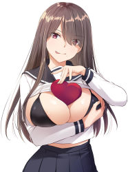 Rule 34 | 1girl, areola slip, arm under breasts, black bra, blouse, blue sailor collar, blue skirt, bra, breast hold, breasts, brown hair, closed mouth, clothes lift, commentary request, eyes visible through hair, hand up, heart, large breasts, long hair, long sleeves, looking at viewer, mole, mole under mouth, nakajima yuka, original, red eyes, sailor collar, school uniform, shiny skin, shirt, shirt lift, simple background, skirt, sleeve cuffs, solo, straight hair, tongue, tongue out, underwear, valentine, white background, white shirt