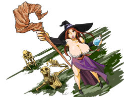 Rule 34 | 1girl, arm up, bare shoulders, bottle, breasts, brown eyes, brown hair, cleavage, detached sleeves, dragon&#039;s crown, dress, hat, holding, huge breasts, legs, long hair, long skirt, looking at viewer, looking up, matsu-sensei, open mouth, potion, side slit, skeleton, skirt, sorceress (dragon&#039;s crown), staff, strapless, strapless dress, white background, witch hat