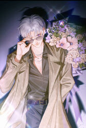 Rule 34 | 1boy, arm behind back, arm up, black shirt, bouquet, brown coat, charlie su, coat, cowboy shot, eyelashes, flower, glasses, head tilt, highres, holding, holding bouquet, light and night love, lililixia, looking at viewer, male focus, one eye closed, purple eyes, purple ribbon, removing eyewear, ribbon, rose, shirt, short hair, smile, sparkle, white hair, yellow flower, yellow rose