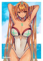 Rule 34 | 1girl, absurdres, blonde hair, breasts, chest jewel, gem, haruto yuki, headpiece, highres, large breasts, long hair, mythra (radiant beach) (xenoblade), mythra (xenoblade), one-piece swimsuit, ribbed swimsuit, solo, strapless, strapless one-piece swimsuit, striped clothes, striped one-piece swimsuit, swept bangs, swimsuit, tiara, two-tone swimsuit, vertical-striped clothes, vertical-striped one-piece swimsuit, very long hair, white one-piece swimsuit, xenoblade chronicles (series), xenoblade chronicles 2, yellow eyes