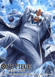 Rule 34 | 1boy, beard, coat, coat on shoulders, commentary, commentary request, english commentary, english text, epaulettes, facial hair, green necktie, grey hair, male focus, mixed-language commentary, monkey d. garp, mustache, necktie, official art, one piece, one piece card game, open mouth, outdoors, short hair, solo, tatsuya (atelier road), teeth, translation request