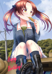 Rule 34 | 1girl, black bow, black footwear, black socks, blue jacket, blue sky, boots, bow, brown eyes, brown hair, chips (food), closed mouth, cloud, cloudy sky, commentary, day, eating, english commentary, food, girls und panzer, green shirt, hair bow, happy birthday, highres, jacket, kadotani anzu, kneehighs, long hair, long sleeves, looking to the side, military uniform, military vehicle, miniskirt, motor vehicle, on vehicle, ooarai military uniform, outdoors, parted bangs, partially unbuttoned, pleated skirt, potato chips, redbaron, shirt, sitting, skirt, sky, smile, socks, solo, tank, twintails, twitter username, uniform, unzipped, white skirt, wind, zipper