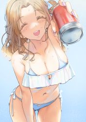Rule 34 | 1girl, :d, ^ ^, absurdres, arm up, bare arms, bare shoulders, bikini, blue background, blue bikini, blue bow, blush, bow, breasts, brown hair, can, cleavage, cleavage cutout, closed eyes, clothing cutout, collarbone, commentary request, cowboy shot, dorontabi, earrings, facing viewer, fingernails, foreshortening, frilled bikini, frills, giving, hair bow, hair bun, halterneck, heart cutout, highres, holding, holding can, ichikawa hinana, idolmaster, idolmaster shiny colors, incoming drink, jewelry, leaning forward, long hair, medium breasts, nail polish, navel, open mouth, outstretched arm, parted bangs, purple nails, reaching, reaching towards viewer, side-tie bikini bottom, side bun, single hair bun, single side bun, smile, solo, standing, stomach, string bikini, swimsuit, teeth, upper teeth only, water drop, wet
