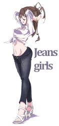 Rule 34 | 1girl, arms up, bad anatomy, brown hair, denim, english text, front-tie top, full body, gokuu (acoloredpencil), groin, high heels, highres, jeans, long hair, midriff, navel, open mouth, original, pants, ponytail, shirt, solo, standing, tied shirt