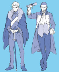 Rule 34 | 2boys, alexandre dumas (fate), ascot, blue background, closed mouth, coat, fate/strange fake, fate (series), fur trim, hand in pocket, holding, holding scroll, holding sword, holding weapon, isshoku (shiki), long sleeves, looking at another, multiple boys, open clothes, open coat, open mouth, orlando reeve, scar, scar on face, scar on forehead, scroll, sheath, sheathed, short hair, simple background, smile, standing, sword, vest, weapon