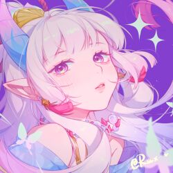 Rule 34 | 1girl, absurdres, artist name, bare shoulders, bead necklace, beads, blush, earrings, grey hair, highres, horns, jewelry, league of legends, long hair, mole, mole under mouth, necklace, parted lips, pink eyes, pointy ears, ponytail, portrait, purple background, ruan chen yue, simple background, solo, sparkle, spirit blossom syndra, syndra, teeth