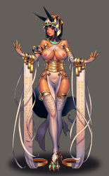 Rule 34 | 1girl, animal ears, anubis (mythology), armlet, bad id, bad pixiv id, bandaged arm, bandages, bare shoulders, black hair, breasts, bridal gauntlets, brown lips, cleavage, closed mouth, collar, covered erect nipples, covered navel, criss-cross halter, dark-skinned female, dark skin, dog ears, egyptian, egyptian clothes, egyptian mythology, eyelashes, fingernails, green nails, grey background, halterneck, hands up, hieroglyphics, highres, jackal ears, jackal girl, jewelry, legs together, lipstick, long fingernails, long hair, looking at viewer, makeup, mascara, medium breasts, nail polish, nipple piercing, no panties, original, pelvic curtain, piercing, piercing through clothes, red eyes, rhasta, ribbed legwear, sharp fingernails, short hair, simple background, skindentation, solo, thigh strap, thighhighs, white thighhighs