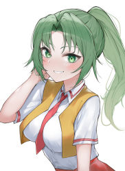 Rule 34 | 1girl, blush, breasts, cowboy shot, cropped vest, green eyes, green hair, hand in own hair, higurashi no naku koro ni, large breasts, looking at viewer, necktie, picokwan, ponytail, raised eyebrows, red necktie, red skirt, shirt, simple background, skirt, smile, solo, sonozaki mion, tight clothes, vest, white background, white shirt, yellow vest