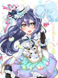 Rule 34 | 1girl, bad id, bad twitter id, balloon, black gloves, black pantyhose, blue hair, blush, commentary request, detached sleeves, earrings, english text, frills, gloves, hair between eyes, hair ornament, hat, headgear, holding, jewelry, long hair, looking at viewer, love live!, love live! school idol festival, love live! school idol project, open mouth, pantyhose, purin (purin0), ribbon, simple background, smile, solo, sonoda umi, striped, text focus, white hat