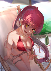 Rule 34 | 1girl, :d, absurdres, beach chair, beach umbrella, bikini, bikini pull, bikini under clothes, breasts, cleavage, clothes pull, dolphin shorts, earrings, halterneck, heart, heart earrings, heart necklace, heterochromia, high ponytail, highres, hololive, hololive fantasy, houshou marine, houshou marine (summer), jewelry, leaning forward, long hair, looking at viewer, medium breasts, nail polish, necklace, o-ring, o-ring legwear, o-ring thigh strap, oa (or 12o), open mouth, pink nails, pulled by self, red bikini, red eyes, red hair, shade, short shorts, shorts, sitting, smile, solo, string bikini, summer, swimsuit, thigh strap, umbrella, very long hair, virtual youtuber, white shorts, yellow eyes