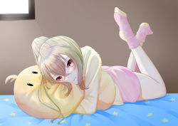 Rule 34 | 1girl, absurdres, alternate costume, ayanami (azur lane), azur lane, bed, bed sheet, casual, character doll, commentary request, contemporary, head rest, head tilt, highres, hugging doll, hugging object, konparu uran, legs up, long hair, long sleeves, looking at viewer, lying, manjuu (azur lane), no shoes, on stomach, orange eyes, pajamas, pillow, pillow hug, pink shorts, ponytail, shorts, sidelocks, silver hair, socks, solo, window
