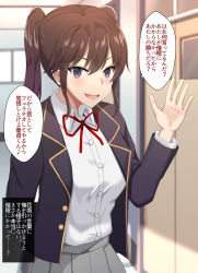 Rule 34 | 1girl, blush, bow, bowtie, breasts, brown hair, buttons, check translation, highres, jacket, looking at viewer, medium breasts, nishimori kanan, open clothes, open jacket, original, school, school uniform, shin&#039;yashiki, shirt, skirt, translated, translation request, twintails, waving, white shirt