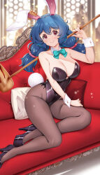 Rule 34 | 1girl, animal ears, black footwear, black leotard, black pantyhose, blue hair, blurry, blurry background, blush, bow, bowtie, breasts, cleavage, closed mouth, commentary request, couch, detached collar, earclip, hataraki kuma, high heels, highres, kine, large breasts, leotard, long hair, mallet, pantyhose, playboy bunny, rabbit ears, rabbit girl, rabbit tail, red eyes, seiran (touhou), sitting, smile, tail, touhou, variant set, wrist cuffs
