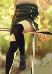 Rule 34 | 1girl, 2017, ankle boots, bag, black thighhighs, boots, dated, handbag, highres, lower body, on railing, original, railing, sitting, skirt, solo, thighhighs, wudi sao nian