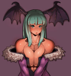 Rule 34 | 1girl, :&lt;, bare shoulders, blush, breasts, breasts squeezed together, cleavage, collarbone, demon girl, elbow gloves, fur trim, gloves, green eyes, green hair, head wings, large breasts, leotard, long hair, matching hair/eyes, morrigan aensland, sashizume soutarou, solo, vampire (game), wings