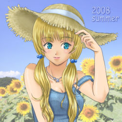 Rule 34 | 00s, 1girl, 2008, alternate hairstyle, blonde hair, blue eyes, breasts, cleavage, dress, flower, hat, jewelry, kimiarugatame, large breasts, long hair, lowres, necklace, ratchet altair, sakura taisen, sakura taisen v, straw hat, sunflower, twintails